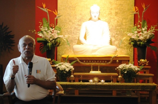 Achariya Vijaya giving a Dhamma talk on the 'Noble Eightfold Path - the Path to Wisdom'.