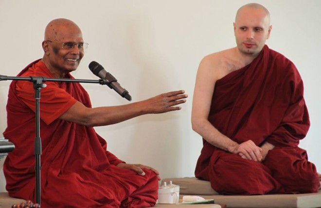 Venerable Gunaratana giving a Dhamma teaching; with him is Venerable Mangala (right).