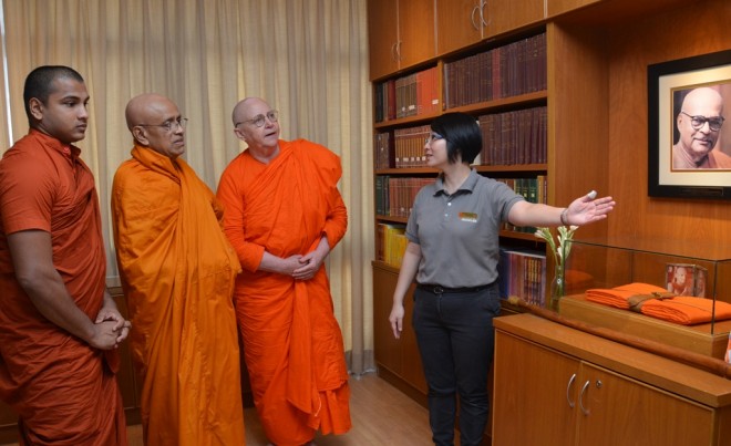 After dāna, venerable Sangha members were brought by Sis. Nandini on a tour of Nalanda Centre .